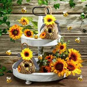 2 Pieces Mini Beehive Farmhouse Bee Hive Decor Bee Tiered Tray Decor Spring Summer Shelf Sitter Bee Kitchen Decor with Sunflower Bee Home Decor Decorative Honey Bee Decorations for Home Shelf Decor