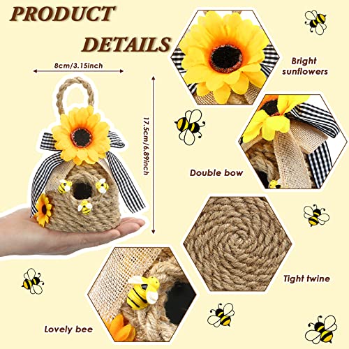 2 Pieces Mini Beehive Farmhouse Bee Hive Decor Bee Tiered Tray Decor Spring Summer Shelf Sitter Bee Kitchen Decor with Sunflower Bee Home Decor Decorative Honey Bee Decorations for Home Shelf Decor