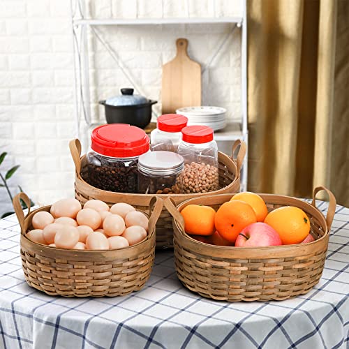 Elsjoy Set of 3 Wood Woven Storage Basket with Handles, Oval Fruit Bread Basket Organizer Rustic Rattan Nesting Basket Bin for Living Room, Bathroom, Kitchen, Home Decor