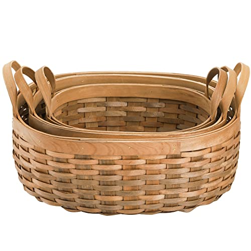 Elsjoy Set of 3 Wood Woven Storage Basket with Handles, Oval Fruit Bread Basket Organizer Rustic Rattan Nesting Basket Bin for Living Room, Bathroom, Kitchen, Home Decor