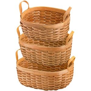Elsjoy Set of 3 Wood Woven Storage Basket with Handles, Oval Fruit Bread Basket Organizer Rustic Rattan Nesting Basket Bin for Living Room, Bathroom, Kitchen, Home Decor