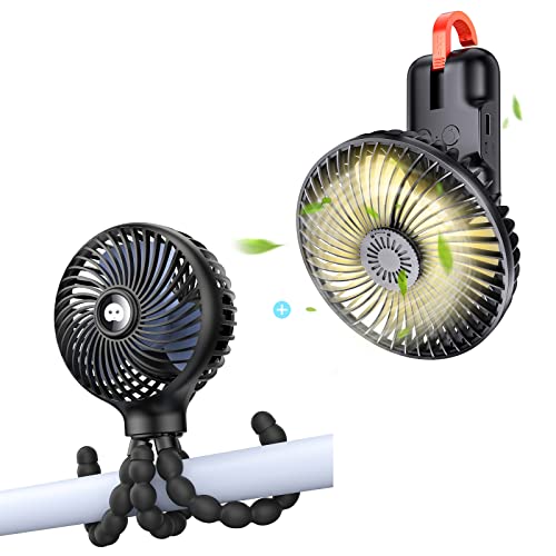 SmartDevil 2 Pack Fans Bundle, Stroller Fan and Camping Fan Combine, 180° Rotation, Tent Fan with Hanging Hook, LED Lights, and Power Bank, Portable Rechargeable Travel Fan for Camping, RV, Picnic