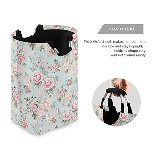 MNSRUU Laundry Bag with Handles, Stylish Pink Flowers Blue Foldable Collapsible Laundry Basket Hamper for Laundry Room Decor and Accessories Bathroom Organization and Storage