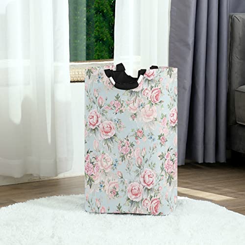 MNSRUU Laundry Bag with Handles, Stylish Pink Flowers Blue Foldable Collapsible Laundry Basket Hamper for Laundry Room Decor and Accessories Bathroom Organization and Storage