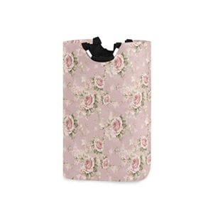 mnsruu laundry bag with handles, pink rose flower foldable collapsible laundry basket hamper for laundry room decor and accessories bathroom organization and storage