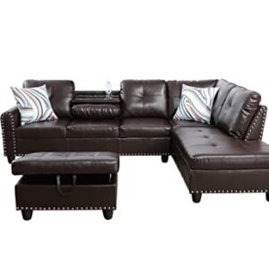 Star Home Living Sectional w/Ottoman and Two Pillows Sofas, 97.2" W x 69.3" D x 32.3" H, 9916B, Brown