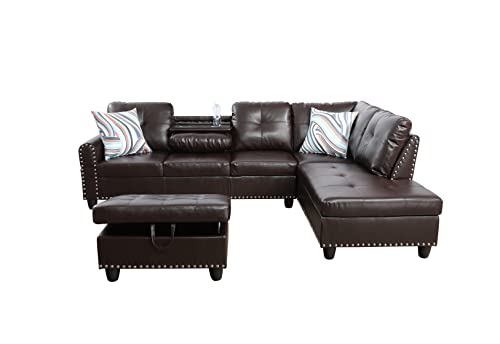 Star Home Living Sectional w/Ottoman and Two Pillows Sofas, 97.2" W x 69.3" D x 32.3" H, 9916B, Brown