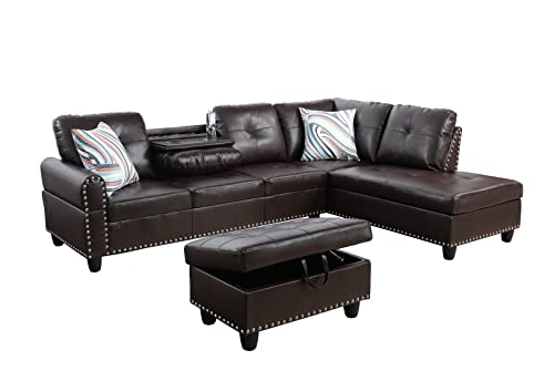 Star Home Living Sectional w/Ottoman and Two Pillows Sofas, 97.2" W x 69.3" D x 32.3" H, 9916B, Brown