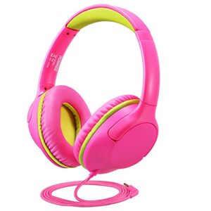 powmee kids headphones over-ear headphones for kids/teens/school with 94db volume limited adjustable stereo 3.5mm jack wire cord for fire tablets/travel/pc/phones(rose red)