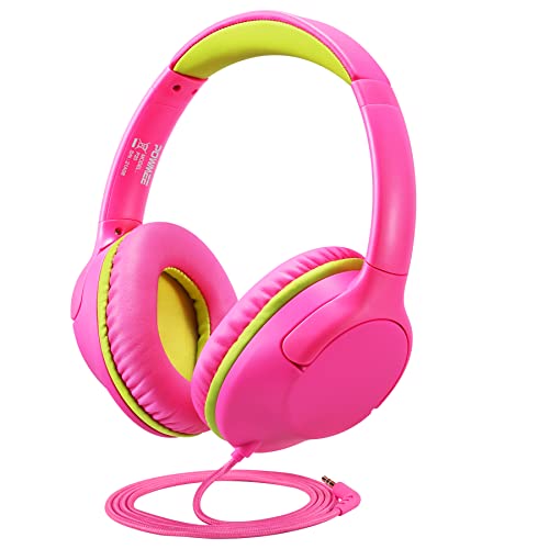 POWMEE Kids Headphones Over-Ear Headphones for Kids/Teens/School with 94dB Volume Limited Adjustable Stereo 3.5MM Jack Wire Cord for Fire Tablets/Travel/PC/Phones(Rose Red)