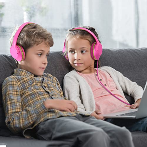 POWMEE Kids Headphones Over-Ear Headphones for Kids/Teens/School with 94dB Volume Limited Adjustable Stereo 3.5MM Jack Wire Cord for Fire Tablets/Travel/PC/Phones(Rose Red)