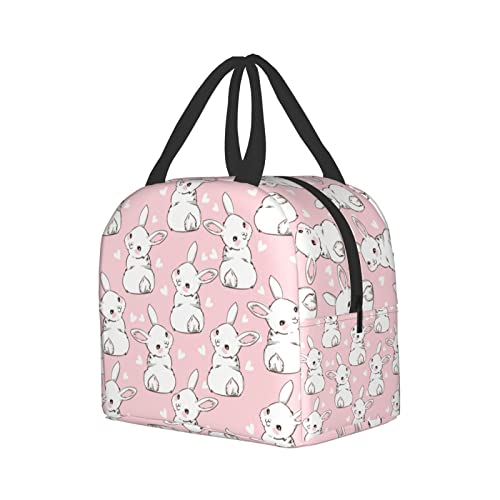 Ucsaxue Cute Bunny And Heart On Pink Lunch Box Reusable Lunch Bag Work Bento Cooler Reusable Tote Picnic Boxes Insulated Container Shopping Bags For Adult Women Men