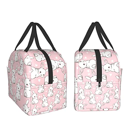 Ucsaxue Cute Bunny And Heart On Pink Lunch Box Reusable Lunch Bag Work Bento Cooler Reusable Tote Picnic Boxes Insulated Container Shopping Bags For Adult Women Men