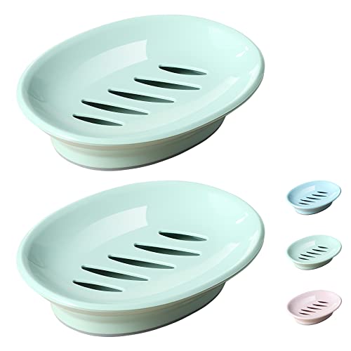 Kyraton Soap Dish 2 Pack, Plastic Soap Dishes, Non Slip Draining Soap Box, Soap Bar Holder Shower with Drip Tray, Easy Cleaning Soap Saver, Used in Kitchens, Bathrooms, Keeps The Soap Dry (Green)