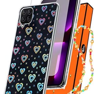 Shorogyt Holographic Heart Case for Samsung Galaxy A12 5G/4G 6.5 inch Cute Clear Love Hearts Cases Glitter Laser Bling Women Girls Aesthetic Design Cover+Screen+Chain for A 12 6.5”(3in1)