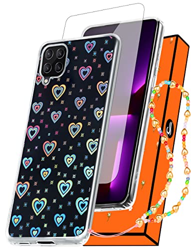 Shorogyt Holographic Heart Case for Samsung Galaxy A12 5G/4G 6.5 inch Cute Clear Love Hearts Cases Glitter Laser Bling Women Girls Aesthetic Design Cover+Screen+Chain for A 12 6.5”(3in1)