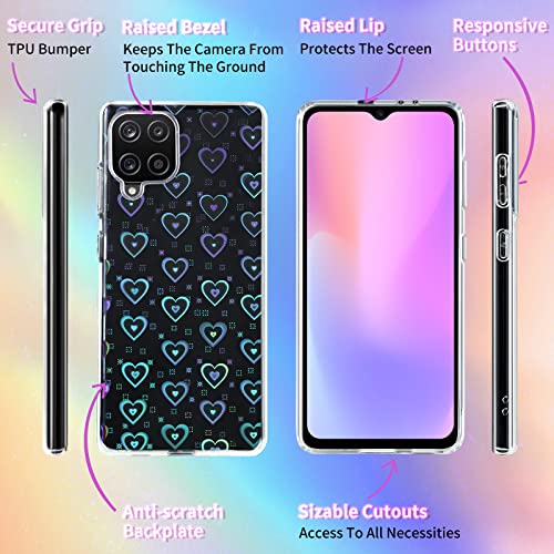 Shorogyt Holographic Heart Case for Samsung Galaxy A12 5G/4G 6.5 inch Cute Clear Love Hearts Cases Glitter Laser Bling Women Girls Aesthetic Design Cover+Screen+Chain for A 12 6.5”(3in1)