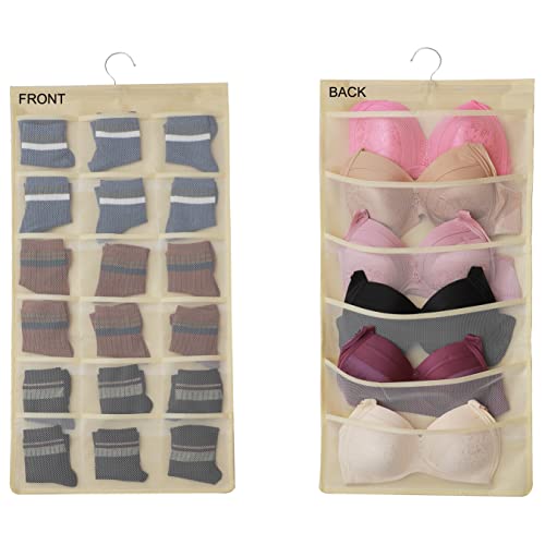 Ymemok Hanging Mesh Pockets Dual-Sided Closet Organizer for Underwear,Bra,Socks,Accessories with Hanger,Total 48 Pockets Beige