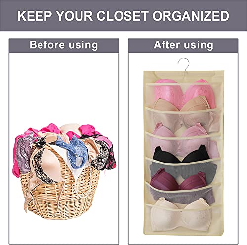 Ymemok Hanging Mesh Pockets Dual-Sided Closet Organizer for Underwear,Bra,Socks,Accessories with Hanger,Total 48 Pockets Beige