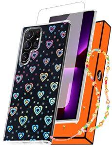 shorogyt holographic heart case for samsung galaxy s22 ultra 5g/4g 6.8 inch cute clear love hearts cases glitter laser bling women girls aesthetic design cover+screen+chain for 22 ultra 6.8”(3in1)