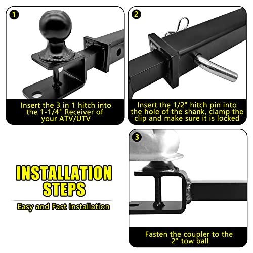 SKYMIRO 1-1/4" Solid Shank 3 in 1 ATV UTV Multi Hitch Mount with 2 inch Ball Hitch (Rated 2000 LBS), Winch Strap Loop (Rated 5000 LBS), ⅝ Pin Hole for Yard Work Equipment & Utility Trailers