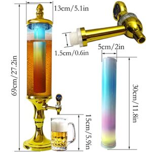 Drink Tower Dispenser with Ice Tube and LED Light - 3.2 Qt./3 L, Margarita Mimosa Tower Drink Dispenser with Tap, Freeze Tube Keep Beverages Cold, Perfect for Party Bar Gameday(Gold)