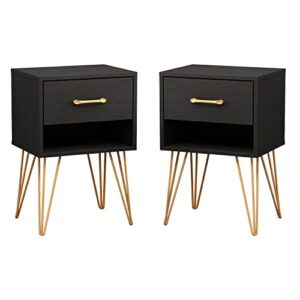 famapy nightstands set of 2, bedside table side table with drawer & shelf, industrial style, gold metal legs, end table black (15.7”w x 11.8”d x 23.6”h)