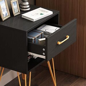 FAMAPY Nightstands Set of 2, Bedside Table Side Table with Drawer & Shelf, Industrial Style, Gold Metal Legs, End Table Black (15.7”W x 11.8”D x 23.6”H)