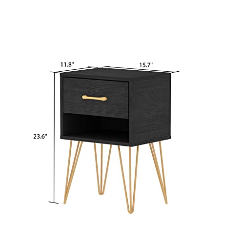 FAMAPY Nightstands Set of 2, Bedside Table Side Table with Drawer & Shelf, Industrial Style, Gold Metal Legs, End Table Black (15.7”W x 11.8”D x 23.6”H)