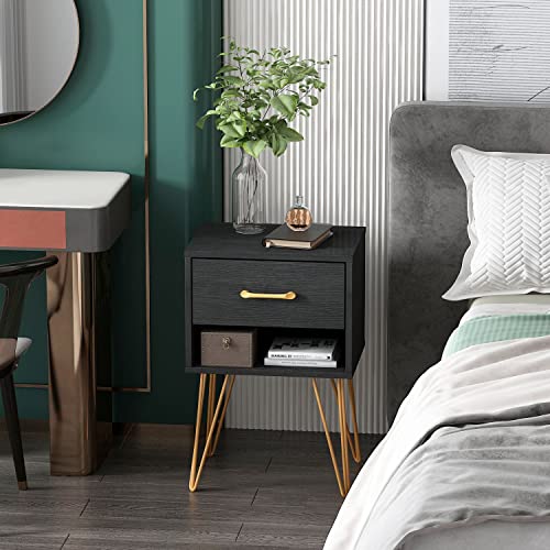 FAMAPY Nightstands Set of 2, Bedside Table Side Table with Drawer & Shelf, Industrial Style, Gold Metal Legs, End Table Black (15.7”W x 11.8”D x 23.6”H)