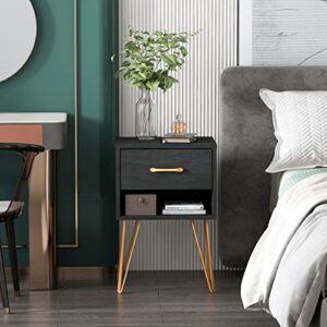 FAMAPY Nightstands Set of 2, Bedside Table Side Table with Drawer & Shelf, Industrial Style, Gold Metal Legs, End Table Black (15.7”W x 11.8”D x 23.6”H)