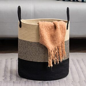 woven rope laundry basket by techmilly, 42l baby nursery hamper for clothes blanket storage, large tall laundry hamper for college dorm, bedroom, living room, brown & black