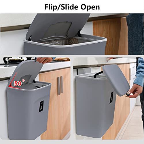 TOPROAD Kitchen Hanging Trash Can, 2.4 Gallon Wall Mounted Counter Waste Compost Bin, Small Garbage Can with Lid for Cupboard/Bathroom/Bedroom/Office/Camping/Under Sink(Grey)