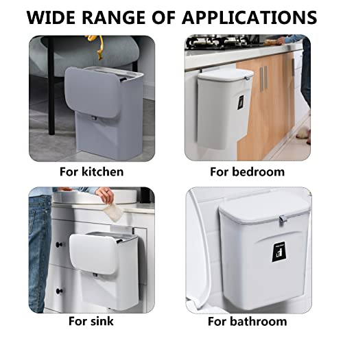 TOPROAD Kitchen Hanging Trash Can, 2.4 Gallon Wall Mounted Counter Waste Compost Bin, Small Garbage Can with Lid for Cupboard/Bathroom/Bedroom/Office/Camping/Under Sink(Grey)