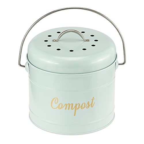 Navaris Kitchen Compost Bin - 0.8 Gallon (3.2 L) Metal Countertop Indoor Composter for Counter with Lid and 6 Charcoal Filters - Green, Size Small