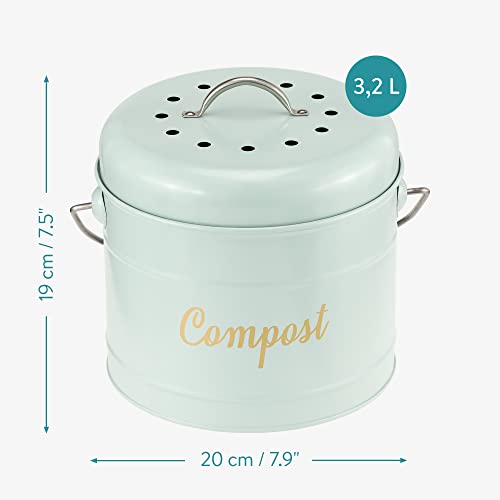 Navaris Kitchen Compost Bin - 0.8 Gallon (3.2 L) Metal Countertop Indoor Composter for Counter with Lid and 6 Charcoal Filters - Green, Size Small