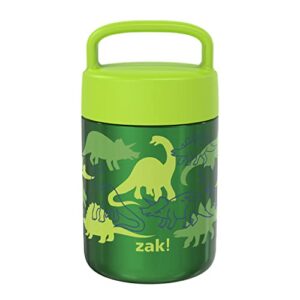 zak designs kids' vacuum insulated stainless steel food jar with carry handle, thermal container for travel meals and lunch on the go, 12 oz, dino camo