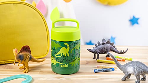 Zak Designs Kids' Vacuum Insulated Stainless Steel Food Jar with Carry Handle, Thermal Container for Travel Meals and Lunch On The Go, 12 oz, Dino Camo