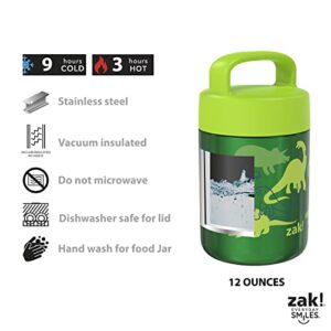 Zak Designs Kids' Vacuum Insulated Stainless Steel Food Jar with Carry Handle, Thermal Container for Travel Meals and Lunch On The Go, 12 oz, Dino Camo