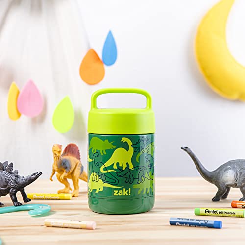 Zak Designs Kids' Vacuum Insulated Stainless Steel Food Jar with Carry Handle, Thermal Container for Travel Meals and Lunch On The Go, 12 oz, Dino Camo