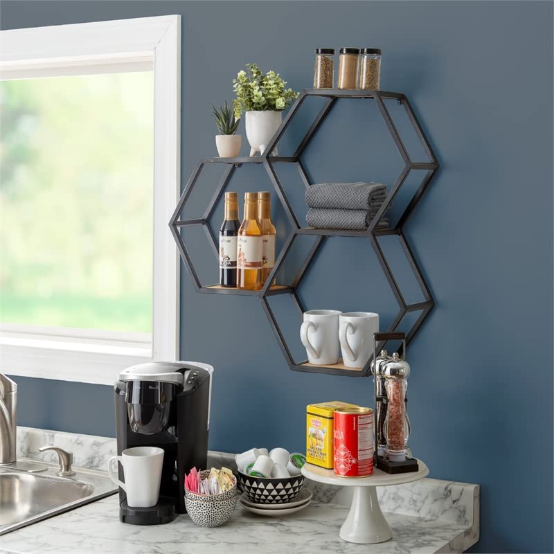 Powell Furniture Linon Josia Iron and Wood Wall Storage and Display Shelves in Black