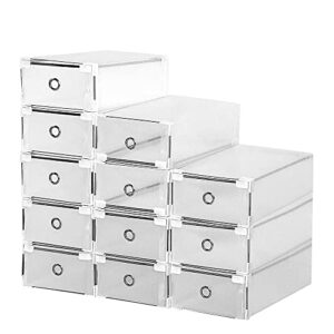 Senhill 12 Pack Shoe Storage Stackable Shoe Box Foldable Clear Plastic Shoes Holder Cabinet Transparent DIY Shoes Organizer Drawer Type Shoe Case Container