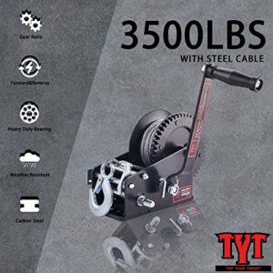 TYT 3500LB Boat Trailer Cable Winch with 32ft Steel Rope, Hardened Steel Ratio 4:1/8:1 Gear Manual Winch, Heavy Duty Portable Hand Crank Winch with Hook for Towing Pulley Boat Trailer RV Jet Ski Winch