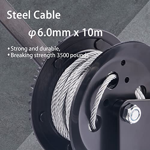 TYT 3500LB Boat Trailer Cable Winch with 32ft Steel Rope, Hardened Steel Ratio 4:1/8:1 Gear Manual Winch, Heavy Duty Portable Hand Crank Winch with Hook for Towing Pulley Boat Trailer RV Jet Ski Winch