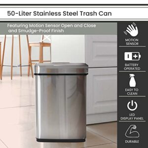 Hanover 50-Liter / 13.2-Gallon Stainless Steel 50 Liter / 13.2 Gallon Hands Free Trash Can Garbage Bin, Fingerprint Resistant, Soft Close, Sensor Lid
