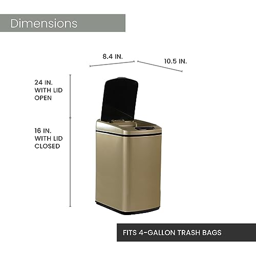 Hanover Home Hands-Free Metal Trash Can with Fingerprint-Resistant Finish, Soft-Close Motion Sensor Lid, and Removable Bin for Bathroom and Bedroom - 3.2 Gallons (12 Liters) in Gold