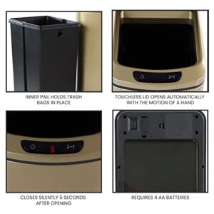 Hanover Home Hands-Free Metal Trash Can with Fingerprint-Resistant Finish, Soft-Close Motion Sensor Lid, and Removable Bin for Bathroom and Bedroom - 3.2 Gallons (12 Liters) in Gold