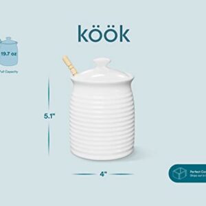 Kook Ceramic Honey Jar with Lid, Wooden Dipper, Small Beehive Honey Pot with Lid, Durable Stoneware, Microwave & Dishwasher Safe, 20 oz, Glossy Finish, White