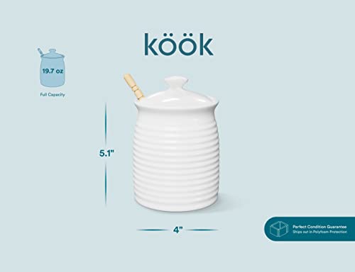 Kook Ceramic Honey Jar with Lid, Wooden Dipper, Small Beehive Honey Pot with Lid, Durable Stoneware, Microwave & Dishwasher Safe, 20 oz, Glossy Finish, White