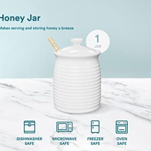 Kook Ceramic Honey Jar with Lid, Wooden Dipper, Small Beehive Honey Pot with Lid, Durable Stoneware, Microwave & Dishwasher Safe, 20 oz, Glossy Finish, White